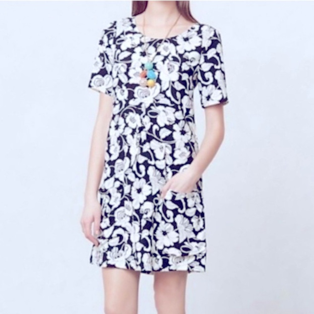 Maeve Black White Floral Smock Dress Sz 12 Anthropologie